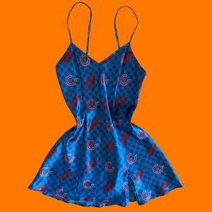 00's vintage blue satin Chicago Cubs baseball y2k lingerie novelty slip dress S